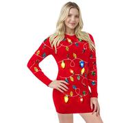 Giggling Getup Women Red Long Ugly Christmas Sweater Dress with Colorful Light Up Bulbs, Christmas Dresses for Women, Ugly Sweater Funny-XL