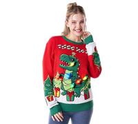 Giggling Getup Women’s Ugly Christmas Sweater, Women LED Light Up Xmas Dinosaur Pullover, Holiday Knitwear for Women-M Red and Green