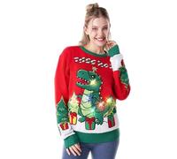 Giggling Getup Women’s Ugly Christmas Sweater, Women LED Light Up Xmas Dinosaur Pullover, Holiday Knitwear for Women-S Red and Green