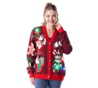 Giggling Getup Women's Ugly Sweater Cardigan, Christmas LED Light Up Rudolph Reindeer Knitted Cute Jumper, Built-in Light Bulbs-XL Red