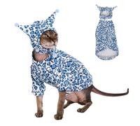 GigglyHouse Sphynx Cat Clothes, Cat Suit with Hat and Sweatshirt, Full Set for Hairless Cats, Cornish Rex and Devon Rex (Blue Suit, L(6.5-8lbs))