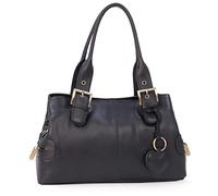 Gigi - Women's Leather Top Handle Bag - Small/Medium Handbag - Multiple Pockets - With Heart Keyring Charm - Othello 6165 - Black