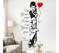 Gigio Store Charlie Chaplin Wall Sticker "A Day Without Smile" - Wall Sticker Black Red Heart, Vintage Cinema Wall Decoration, Celebrity Phrase for Living Room, Bedroom, Office - Original Gift