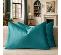 GIGIZAZA Decorative Small Lumbar Pillow Covers,Set of 2 Cushion Covers Velvet Teal Peacock Green Pillows,Sofa Throw 12 X 20 Pillow Covers