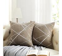 GIGIZAZA Decorative Taupe Throw Pillow Covers 18 x 18,Sofa Thick Chenille Velvet Stripe Cushion Pillow Covers,Square Brown Luxury Pillows 2 Set