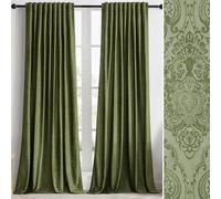 GIGIZAZA Velvet Curtains 90 Inch Long 2 Panels, Green Vintage Drapes Floral Embossed Blackout Window Curtain for Living Room Back Tab Thermal for Bedroom
