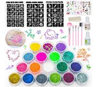 Gigmeta Glitter Tattoo Set, 18 Colours, Temporary Glitter Tattoo with 222 Stencils, 5 Brushes, 3 Cartoon Stickers, 2 Glue and 1 Sponge