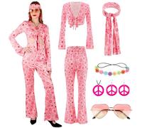 Gigquake Hippie Costume Women's 60s 70s Outfits- 60s 70s Hippie Be Clothing Flared Trousers Hippie Boho Accessories Fancy Dress Costumes Theme Party Disco Necklace Earrings Headband Sunglasses