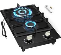 GIHETKUT - Gas stove with 2 burners, NG/LPG, dual fuel gas stove, integrated gas cooker with thermocouple protection, tempered glass gas stoves, ignition gas stove