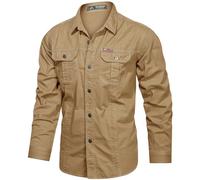 Gihuo Long Sleeve Work Shirts for Men Button Down Shirt Men Cotton Cargo Tactical Shirt for Fishing Safari, Khaki, Medium