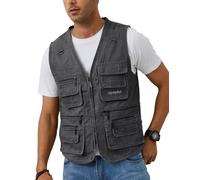 Gihuo Men's Fishing Vest Casual Utility Travel Safari Cargo Outdoor Work Photo Fly Vest Jacket with Multi Pockets, Grey, XXL