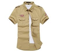 Gihuo Men's Khaki XXL Short Sleeve Military Tactical Slim Fit Button Down Shirt with Badged Sleeves, Two Chest Pockets, Perfect for Daily Casual Wear, Work, Hiking, Camping, Hunting, Fishing