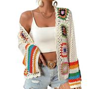 Gihuo Women Bohemian Floral Crochet Cardigan, Hollow Out Long Sleeve Open Front Sweater Cardigan, Multicolor Granny Square, Apricot, L