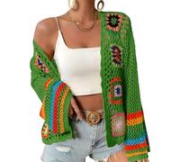 Gihuo Women Bohemian Floral Crochet Cardigan, Hollow Out Long Sleeve Open Front Sweater Cardigan, Multicolor Granny Square, Green, L