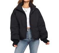Gihuo Women’s Winter Warm Long Sleeve Zip Front Short Baggy Puffer Jacket with Pockets, Black, Medium