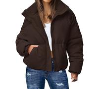 Gihuo Women's Winter Warm Puffer Jacket Stand Collar Baggy Zip Up Short Quilted Jacket Outerwear, Brown, L