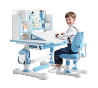 gihusrzx Kids Functional Desk and Chair Set, Ergonomic Height Adjustable Children School Study Desk Writing Tables with Tilt Desktop, Book Stand, and Storage Drawer for Boys and Girls Blue