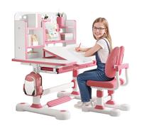 gihusrzx Kids Functional Desk and Chair Set, Ergonomic Height Adjustable Children School Study Desk Writing Tables with Tilt Desktop, Book Stand, and Storage Drawer for Boys and Girls Pink