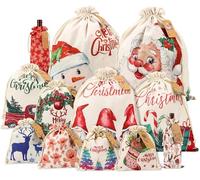 Giiffu 12PCS Drawstrings Christmas Bags Assorted Sizes - Reusable Canvas Bags for Christmas Presents - Xmas Holiday Burlap Gift Bag with Gift Tag - Cloth Santa Sacks for Gift Wrapping & Storage