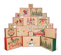 Giiffu Christmas Kraft Gift Boxes with Lids (18 Pack) - 4 Assorted Sizes & 12 Designs - Decorative Holiday Shirt, Sweater & Robe Wrapping Boxes Set with Gift Stickers - Xmas Present Packaging (Brown)