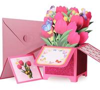 Giiffu Pop Up Mother's Day Card, Pink Tulips, 3D Birthday Anniversary Cards, Card for Wife, 3D Pop Up Tulip Greeting Cards for Any Special Occasion with NoteCard and Envelope