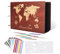 Giiffu Wooden Scrapbook Kit - Travel Photo Album 31x21cm, 100 Pages DIY Gift Memory Books with 8 Pens, 10 Stickers & 4 Stencils - Ideal for Wedding, Anniversary & Travel Memories