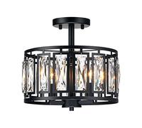 Modern Crystal Semi Flush Mount Ceiling Light Industrial Close to Ceiling Light Crystal Drum Shade Chandelier, 3-Light Black Ceiling Lamp for Dining Room Bedroom Kitchen Island Hallway Entryway
