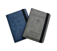 Gikfun 2 Pack Passport Holder for Travel Essentials, RFID Barrier Leather Passport Wallets with Credit Card Slot, Travel Must Haves Airport Essentials for Women and Men EK8482, Blue/Gray, No
