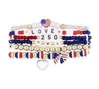 GIKILEE 4th of July American Red Blue White Bracelet for Women Men Polymer Clay Flag Star Beads Stretch Bracelet USA Handmade Patriotic Independence Day Heishi Surfer Gift, 0.1, Acrylic, no gemstone