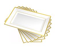 Gikisla Elegant Plastic Serving Platters, 6 Pcs Large Plastic Serving Trays, Rectangle Reusable White&Gold Dinner Plates Set for Parties Snack Food
