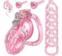 Gikk Male Chastity Cage - Soft Silicone Cock Cage with 6 Adjustable Rings, Lightweight Penis Lock Device, Invisible Design, Comfortable Submissive Control & Long-Term Bondage Play (Pink, L)