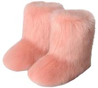Gikleihwy Fluffy Plush Faux Fur Boots for Women's Fashion Round Toe Suede Winter Warm Snow Flat Boots Comfy Slip On Furry Outdoor Girl Mid-Calf Shoes