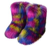 Gikleihwy Fluffy Plush Faux Fur Boots for Women's Fashion Round Toe Suede Winter Warm Snow Flat Boots Comfy Slip On Furry Outdoor Girl Mid-Calf Shoes