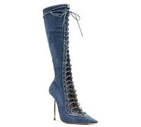 Gikleihwy Lace-Up Knee High Boots for Women, Sexy Stripper Stiletto High Heel, Mesh Wide Calf Fashion Dress Long Boots Womens Pointed Toe Sandals(Denim color,4.5 UK)