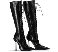 Gikleihwy Lace-Up Knee High Boots for Women, Sexy Stripper Stiletto High Heel, Mesh Wide Calf Fashion Dress Long Boots Womens Pointed Toe Sandals(Black,6 UK)