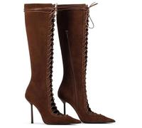 Gikleihwy Lace-Up Knee High Boots for Women, Sexy Stripper Stiletto High Heel, Mesh Wide Calf Fashion Dress Long Boots Womens Pointed Toe Sandals(Coffee color,4 UK)