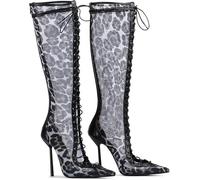 Gikleihwy Lace-Up Knee High Boots for Women, Sexy Stripper Stiletto High Heel, Mesh Wide Calf Fashion Dress Long Boots Womens Pointed Toe Sandals(Leopard mesh,4 UK)