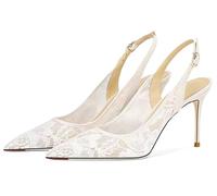 Gikleihwy Mesh Lace Kitten Heels for Women, Comfortable Pointed Toe Slip on Slingback Pumps for Wedding Office or Date Night Dress Up(White,8 UK)