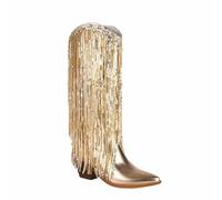 Gikleihwy Sequin Knee High Cowboy Boots for Women's Comfortable Pointed Toe Tall Knee High Western Cowgirl Boots Fringed Chunky Mid Heel Pull on Booties(Oro,5.5 UK)