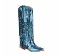 Gikleihwy Sequin Knee High Cowboy Boots for Women's Comfortable Pointed Toe Tall Knee High Western Cowgirl Boots Fringed Chunky Mid Heel Pull on Booties(Azul,4.5 UK)