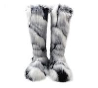 Gikleihwy Women Faux Fur Over The Knee High Boots Winter Comfy Plush Warm Snow Bootie Classic Round Toe Slip on Anti-Slip Indoor Outdoor Flat Shoes(Black and white,5 UK)