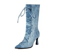 Gikleihwy Women's Denim Pointed Toe Lace Up Boots, Fashion Cowgirl Mid Calf Dress Ankle Booties, Sexy Wide Calf Over the Knee Shoe for Wedding Evening(Light denim,5 UK)
