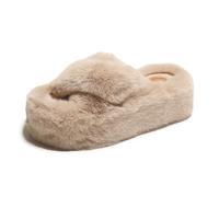 Gikleihwy Women's Fluffy Artificial Rabbit Hair Sandals Fashion Platform Round Toe Solid Color High Heels Slippers Comfortable Hairy Anti Slip Increased Shoe(4 milk tea,6.5 UK)