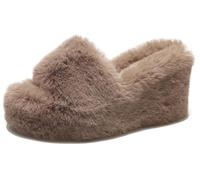 Gikleihwy Women's Fluffy Artificial Rabbit Hair Sandals Fashion Platform Round Toe Solid Color High Heels Slippers Comfortable Hairy Anti Slip Increased Shoe(Khaki 1,5 UK)