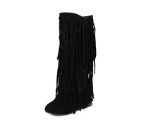 Gikleihwy Womens Fringe Western Boots, Winter Suede Wide Calf Tassel Boots Boho Style Retro Round Toe Pull On Dress Boots for Music Festival Concert Daily Outfit(Black,8 UK)