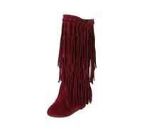 Gikleihwy Womens Fringe Western Boots, Winter Suede Wide Calf Tassel Boots Boho Style Retro Round Toe Pull On Dress Boots for Music Festival Concert Daily Outfit(Burgundy,6 UK)