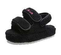 Gikleihwy Women's Fuzzy Slides Fluffy Faux Fur Slippers Open Toe Adjustable Cork Slide Sandals with Arch Support Cozy Yoga Mat Indoor Outdoor Shoes(Black,5 UK)