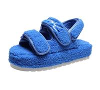 Gikleihwy Women's Fuzzy Slides Fluffy Faux Fur Slippers Open Toe Adjustable Cork Slide Sandals with Arch Support Cozy Yoga Mat Indoor Outdoor Shoes(Azul,5.5 UK)