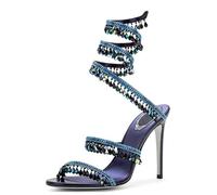 Gikleihwy Women's Lace Up Stiletto High Heel Rhinestone Sparkly Ankle Strap Open Toe Sexy Stiletto Sandals Diamond Wrap Up Dress Heels(Azul,6 UK)