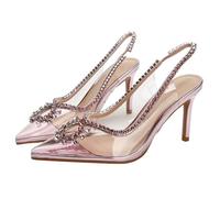 Gikleihwy Women's Sparkly Rhinestone Clear Heels Fish Mouth Hollow Toe High Heels Jewel Embellished Pointed Toe Stiletto Slingback High Heels Sandals(Pink,4.5 UK)
